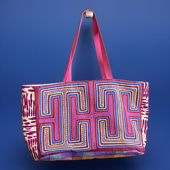 LARGE Mola Appliqué Quilted Tote Bag Geometric Missoni Velour Exterior - Picture 1 of 6